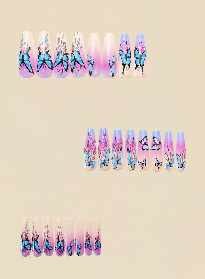 HJKDSFD Blue Purple Gradient Press on Nails Medium Ballerina Fake Nails Acrylic Full Cover False Nails Cute Butterfly Glue on Nails Spring Summer Stick on Nails Reusable for Women Girls 24Pcs - Image 4